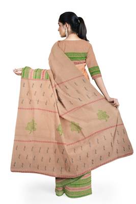 Handloom Peach Malmal Khadi Saree with Black leaf Block prints on body and Awestruck Green & Red prints on Border 4