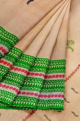 Handloom Peach Malmal Khadi Saree with Black leaf Block prints on body and Awestruck Green & Red prints on Border 5