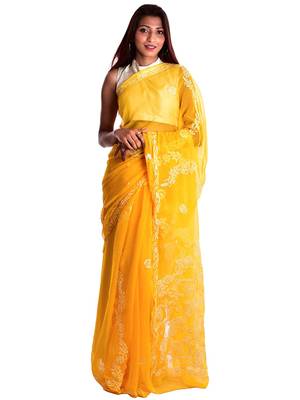 Lavangi Yellow Hand Embroidered Lucknow Chikan Faux Georgette Saree With Blouse 1