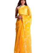 Lavangi Yellow Hand Embroidered Lucknow Chikan Faux Georgette Saree With Blouse