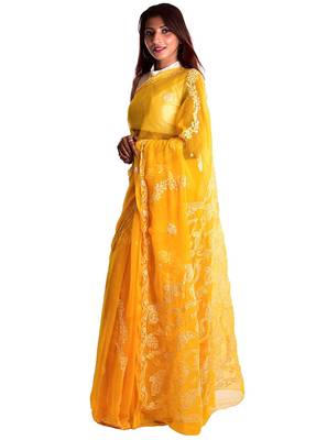 Lavangi Yellow Hand Embroidered Lucknow Chikan Faux Georgette Saree With Blouse 2