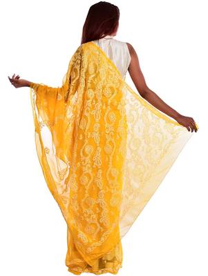 Lavangi Yellow Hand Embroidered Lucknow Chikan Faux Georgette Saree With Blouse 3
