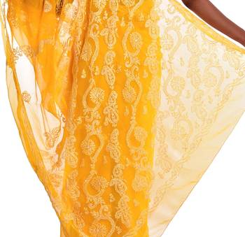 Lavangi Yellow Hand Embroidered Lucknow Chikan Faux Georgette Saree With Blouse 4
