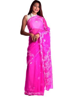 Lavangi Rani Pink Hand Embroidered Lucknow Chikan Faux Georgette Saree With Blouse 1