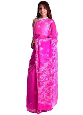 Lavangi Rani Pink Hand Embroidered Lucknow Chikan Faux Georgette Saree With Blouse 2