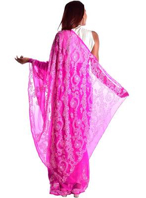 Lavangi Rani Pink Hand Embroidered Lucknow Chikan Faux Georgette Saree With Blouse 3