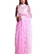 Lavangi Baby Pink Hand Embroidered Lucknow Chikan Faux Georgette Saree With Blouse