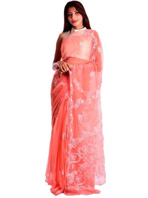 Lavangi Light Carrot Red Hand Embroidered Lucknow Chikan Faux Georgette Saree With Blouse 1