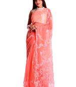 Lavangi Light Carrot Red Hand Embroidered Lucknow Chikan Faux Georgette Saree With Blouse
