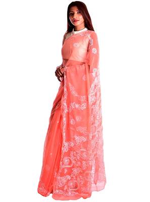 Lavangi Light Carrot Red Hand Embroidered Lucknow Chikan Faux Georgette Saree With Blouse 2