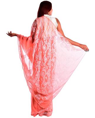 Lavangi Light Carrot Red Hand Embroidered Lucknow Chikan Faux Georgette Saree With Blouse 3
