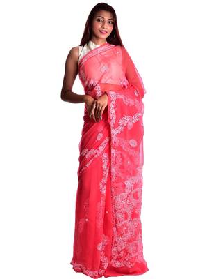 Lavangi Dark Carrot Red Hand Embroidered Lucknow Chikan Faux Georgette Saree With Blouse 1