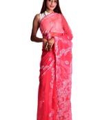 Lavangi Dark Carrot Red Hand Embroidered Lucknow Chikan Faux Georgette Saree With Blouse