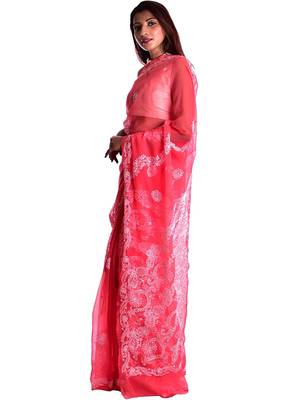 Lavangi Dark Carrot Red Hand Embroidered Lucknow Chikan Faux Georgette Saree With Blouse 2