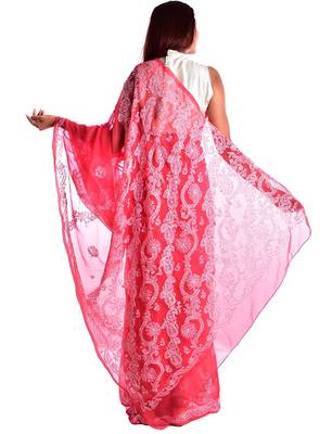 Lavangi Dark Carrot Red Hand Embroidered Lucknow Chikan Faux Georgette Saree With Blouse 3