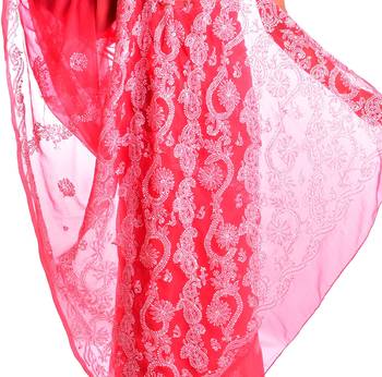 Lavangi Dark Carrot Red Hand Embroidered Lucknow Chikan Faux Georgette Saree With Blouse 4