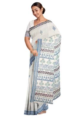 Handloom Off-White Malmal Khadi Saree with Elegant Block Prints on Pallu and Border 1
