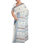 Handloom Off-White Malmal Khadi Saree with Elegant Block Prints on Pallu and Border