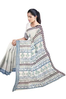 Handloom Off-White Malmal Khadi Saree with Elegant Block Prints on Pallu and Border 2