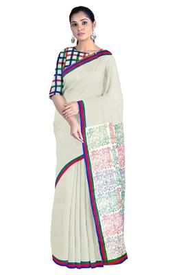 Handloom Off-White Malmal Khadi Saree with Intricate Block Prints on Pallu 1