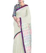 Handloom Off-White Malmal Khadi Saree with Intricate Block Prints on Pallu