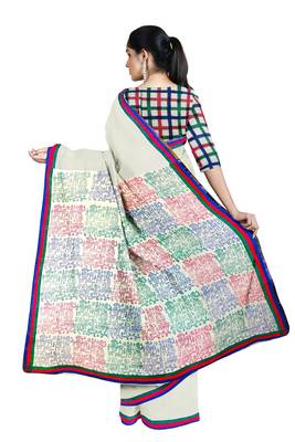 Handloom Off-White Malmal Khadi Saree with Intricate Block Prints on Pallu 2