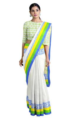 Handloom White Malmal Khadi Saree with Delightful Yellow Block Prints on Pallu with Blue, Green & Yellow thick Border 1