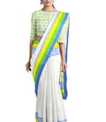 Handloom White Malmal Khadi Saree with Delightful Yellow Block Prints on Pallu with Blue, Green & Yellow thick Border
