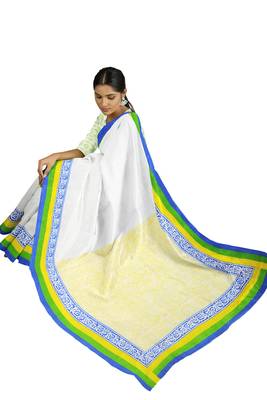 Handloom White Malmal Khadi Saree with Delightful Yellow Block Prints on Pallu with Blue, Green & Yellow thick Border 2