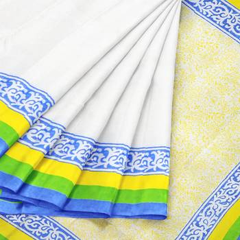 Handloom White Malmal Khadi Saree with Delightful Yellow Block Prints on Pallu with Blue, Green & Yellow thick Border 3