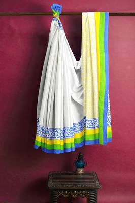 Handloom White Malmal Khadi Saree with Delightful Yellow Block Prints on Pallu with Blue, Green & Yellow thick Border 4