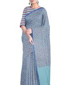 Handloom Cyan Malmal Khadi Saree with Meticulous Maroon Block Prints with Blue Border