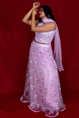 Creamy Pink crop top lehenga in net with sequin work online 1
