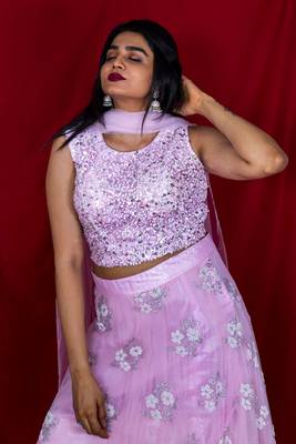 Creamy Pink crop top lehenga in net with sequin work online 2