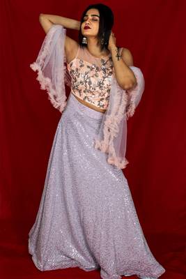 Silver Grey Sequin Lehenga with peach embroidered blouse with ruffle dupatta 1