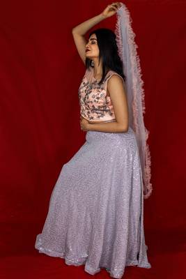 Silver Grey Sequin Lehenga with peach embroidered blouse with ruffle dupatta 2