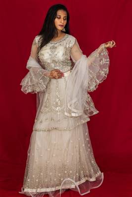 Peach Long Top Style Lehenga with peplum sleeves Online 1