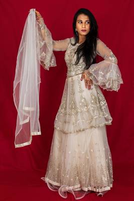 Peach Long Top Style Lehenga with peplum sleeves Online 2