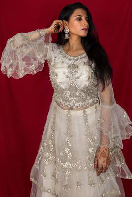 Peach Long Top Style Lehenga with peplum sleeves Online 3