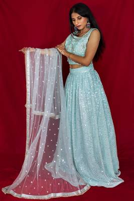 Aqua blue crop top lehenga with heavy sequin and hand embroidery online 1