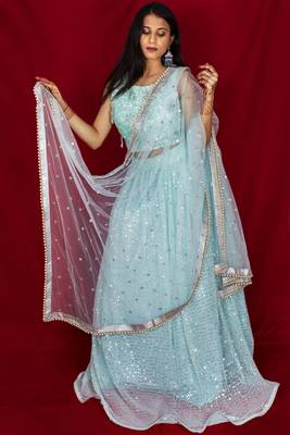 Aqua blue crop top lehenga with heavy sequin and hand embroidery online 2