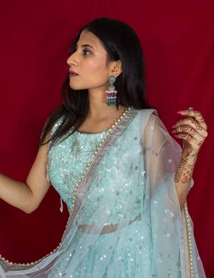 Aqua blue crop top lehenga with heavy sequin and hand embroidery online 3