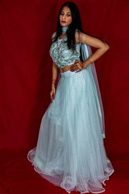 Aqua Blue designer crop top lehenga online 1