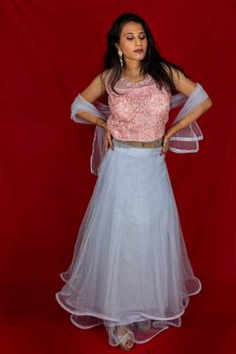 Deep Pink crop top and Blue lehenga with dupatta 1