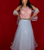 Deep Pink crop top and Blue lehenga with dupatta
