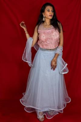 Deep Pink crop top and Blue lehenga with dupatta 2