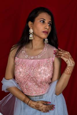 Deep Pink crop top and Blue lehenga with dupatta 3