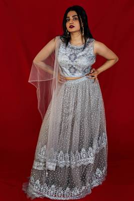 Stone grey designer crop top lehenga online 1