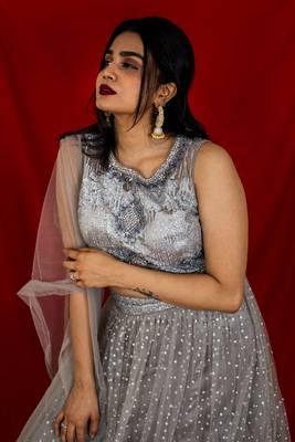 Stone grey designer crop top lehenga online 3