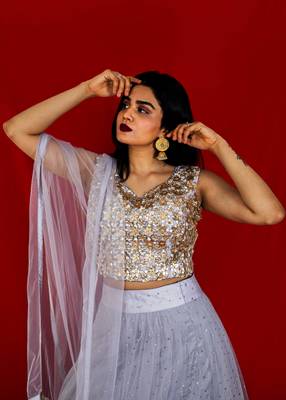 Grey designer crop top lehenga online 3